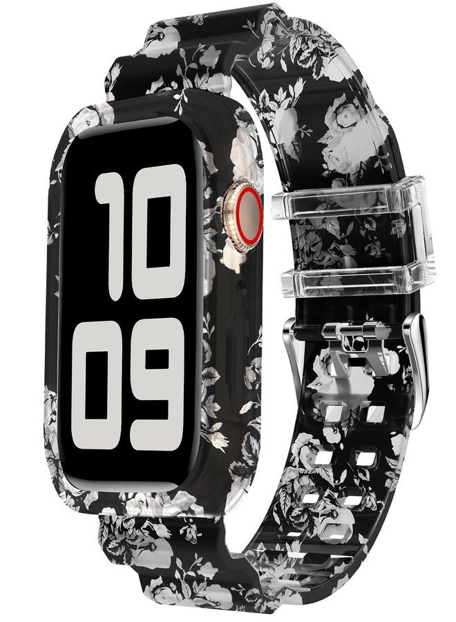 DABAOZA Compatible for Clear Apple Watch Band with Bumper Case 41mm 40mm 38mm, Women Men Glitter Bling TPU Sport Strap for iWatch SE Ultra 3 2 Series 11 10 9 8 7 6 5 4 3 2 1（Flower Black,41/40/38） - Image 1