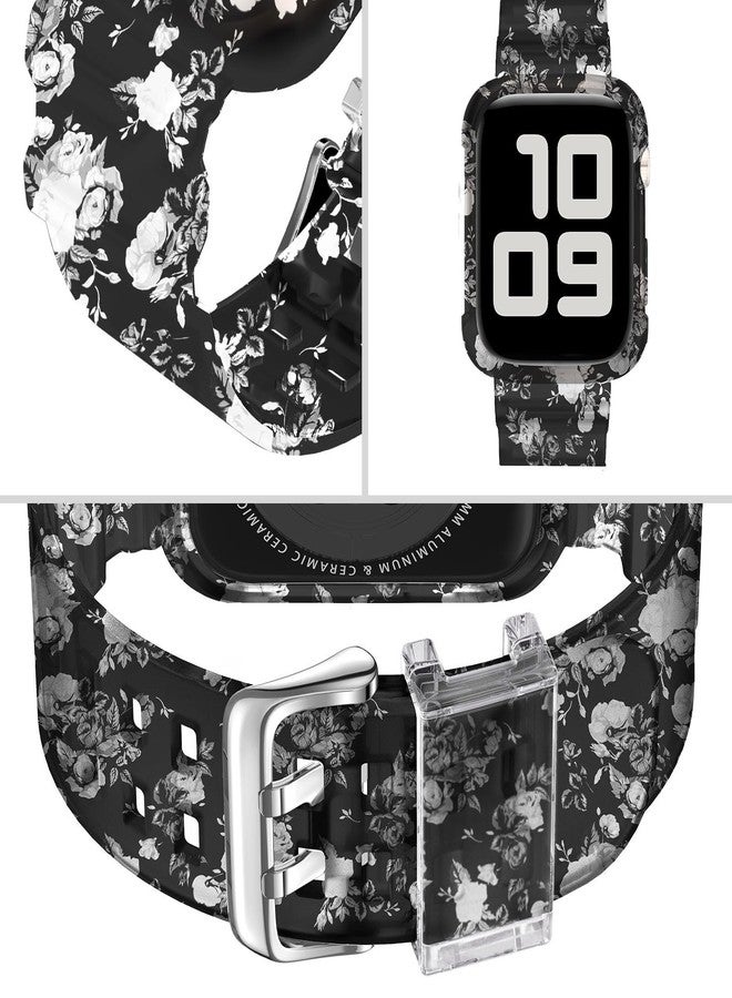 DABAOZA Compatible for Clear Apple Watch Band with Bumper Case 41mm 40mm 38mm, Women Men Glitter Bling TPU Sport Strap for iWatch SE Ultra 3 2 Series 11 10 9 8 7 6 5 4 3 2 1（Flower Black,41/40/38） - Image 3