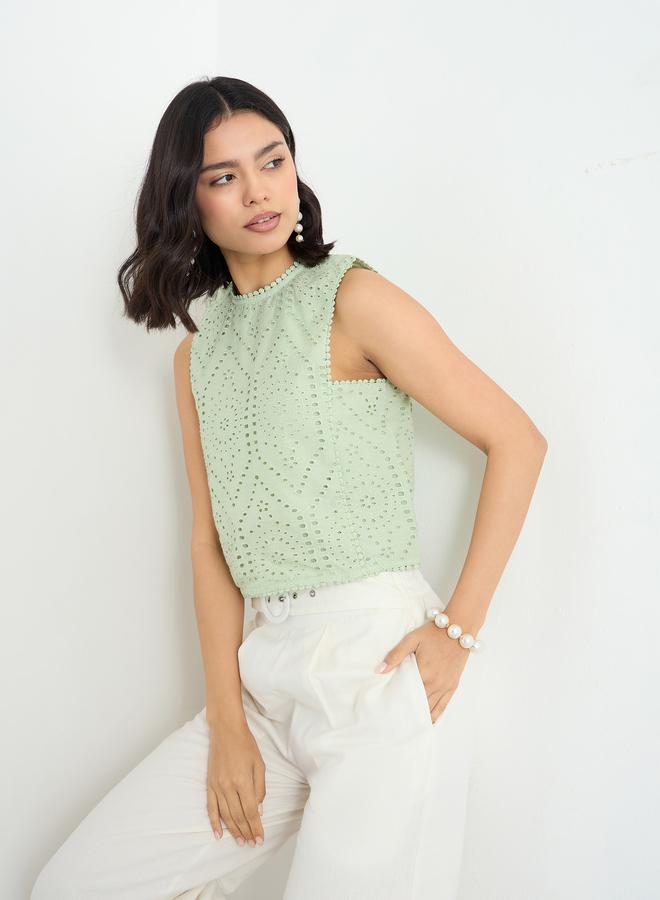 Styli Green Sleeveless Schiffli Blouse - Image 1