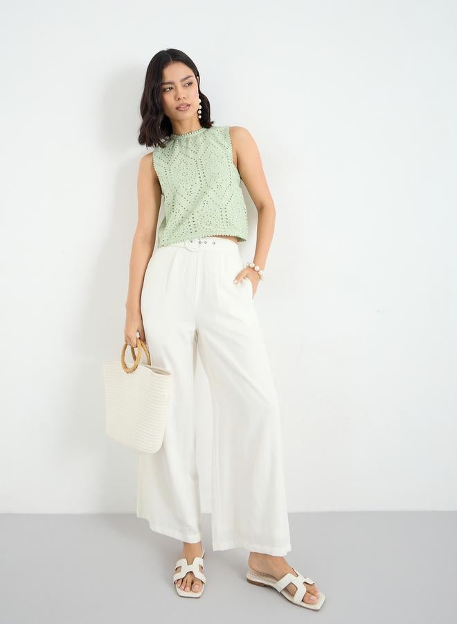 Styli Green Sleeveless Schiffli Blouse - Image 2