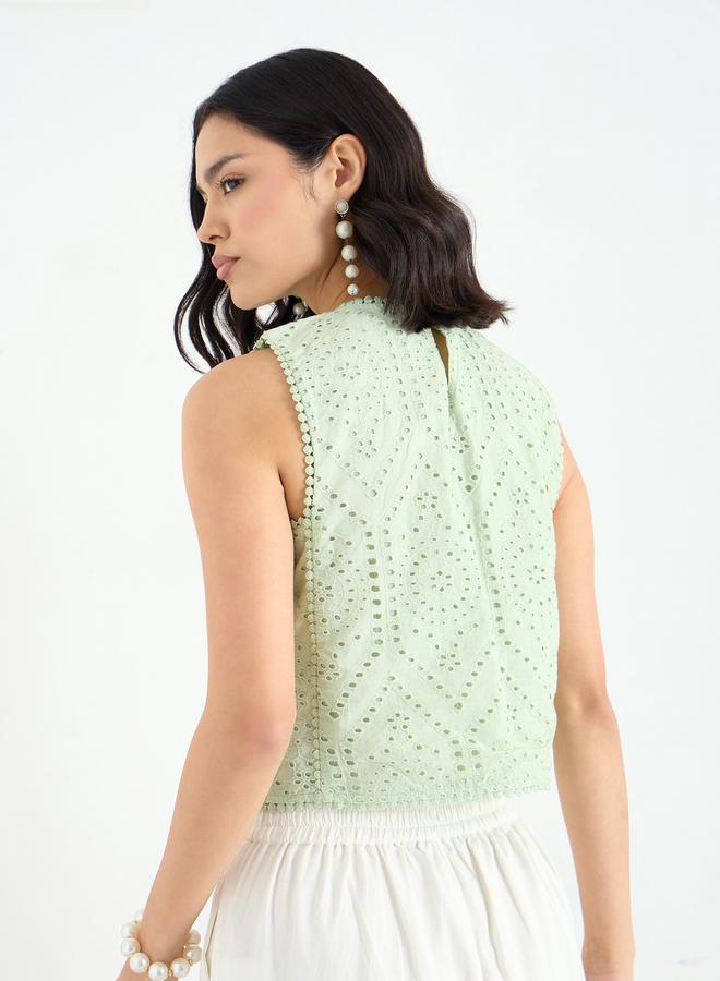 Styli Green Sleeveless Schiffli Blouse - Image 5