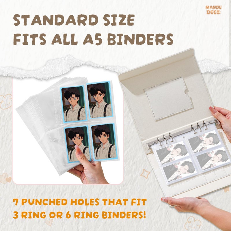 MANDU DECO 25 Pack Photocard Pocket Pages for 6 and 3 Ring A5 Binders, Ultra-Clear K-pop Photocard Sleeves, Double-Sided 4 Pocket Photo Pages, Top Loading Photo Sheet Protector for Photos, Trading Cards - Image 4
