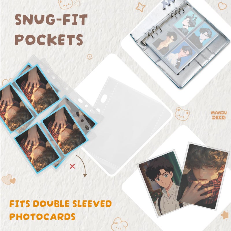 MANDU DECO 25 Pack Photocard Pocket Pages for 6 and 3 Ring A5 Binders, Ultra-Clear K-pop Photocard Sleeves, Double-Sided 4 Pocket Photo Pages, Top Loading Photo Sheet Protector for Photos, Trading Cards - Image 5