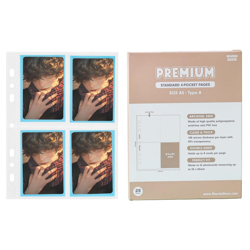 MANDU DECO 25 Pack Photocard Pocket Pages for 6 and 3 Ring A5 Binders, Ultra-Clear K-pop Photocard Sleeves, Double-Sided 4 Pocket Photo Pages, Top Loading Photo Sheet Protector for Photos, Trading Cards - Image 1