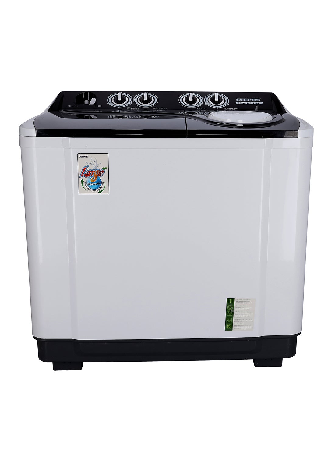 Twin Tub Semi-Automatic Washing Machine| Fully Knob Control and Semi-Automatic Top Load Washing Machine| Two Water Nets in One Waterfall| Water Inlet Bubble Marker Function 700 W GSWM18012 White/Black 700 W GSWM18012 White/Black
