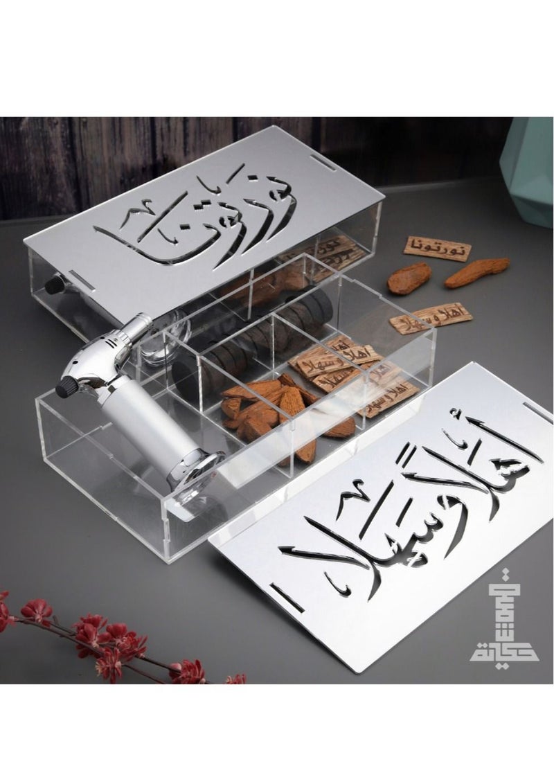 حكاية شمعة صينية بخور  مع فحم و ولاعة بلون فضي عليها عبارة أهلا وسهلا 