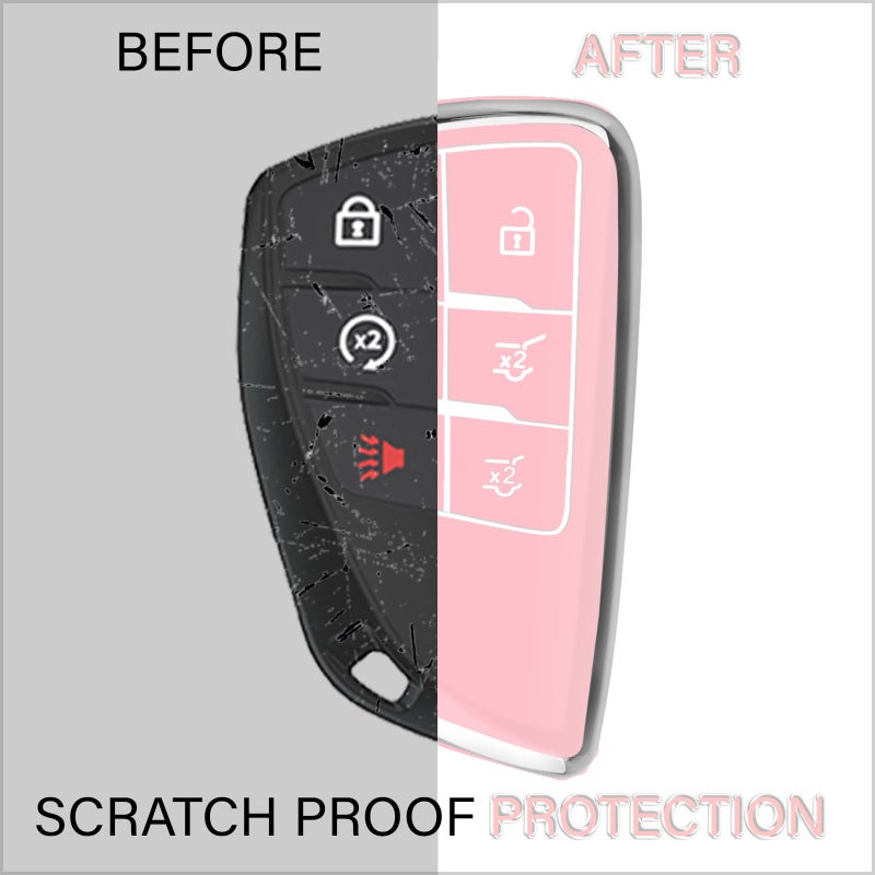 QBUC for Chevy Key Fob Cover with Keychain Soft TPU Protection Case Compatible with 2021-2026 Chevy Tahoe Suburban GMC Yukon Denali Silverado 6-Buttons(Chrome Trim Pink) - Image 2