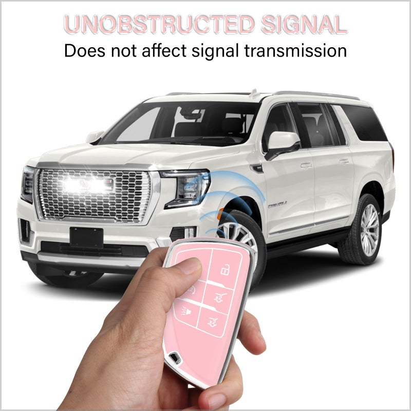 QBUC for Chevy Key Fob Cover with Keychain Soft TPU Protection Case Compatible with 2021-2026 Chevy Tahoe Suburban GMC Yukon Denali Silverado 6-Buttons(Chrome Trim Pink) - Image 5