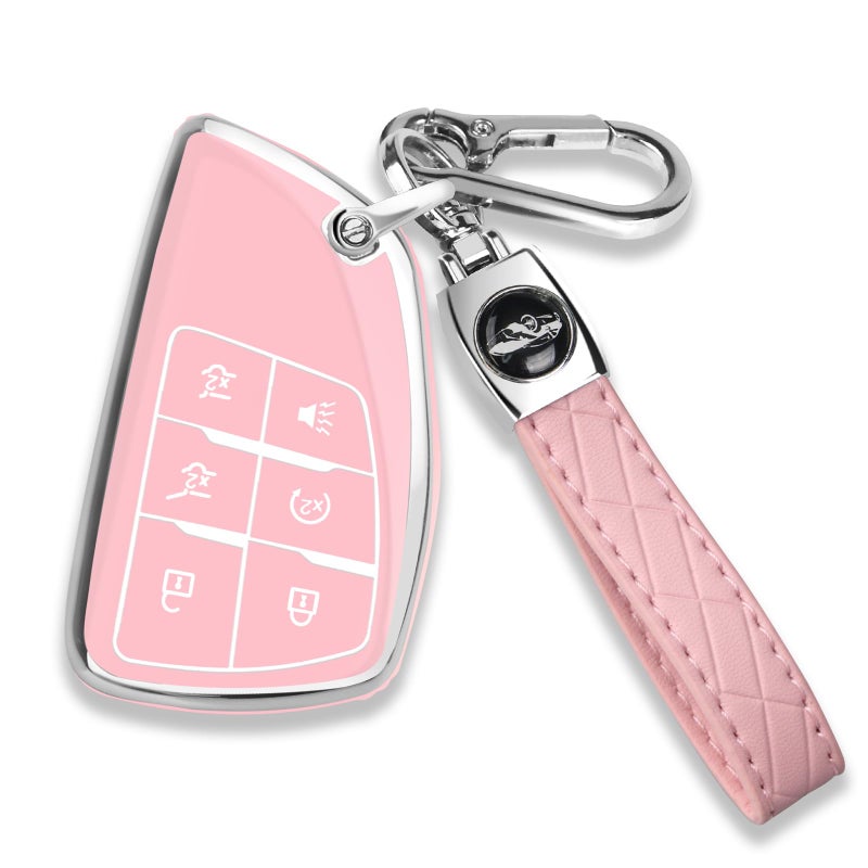 QBUC for Chevy Key Fob Cover with Keychain Soft TPU Protection Case Compatible with 2021-2026 Chevy Tahoe Suburban GMC Yukon Denali Silverado 6-Buttons(Chrome Trim Pink) - Image 1