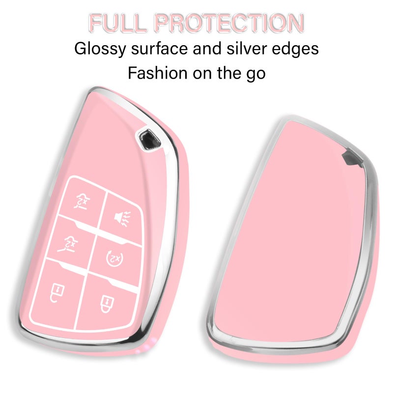QBUC for Chevy Key Fob Cover with Keychain Soft TPU Protection Case Compatible with 2021-2026 Chevy Tahoe Suburban GMC Yukon Denali Silverado 6-Buttons(Chrome Trim Pink) - Image 4