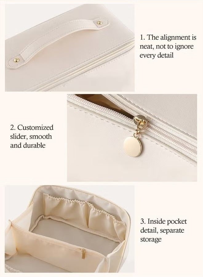 حقيبة مستحضرات تجميل للسفر ذات سعة كبيرة ، حقيبة مكياج تخزين متعددة الوظائف ، حقيبة مكياج جلدية PU ، مع مقبض ومقسم حقائب مستحضرات تجميل للسفر للنساء (أبيض) - Image 5