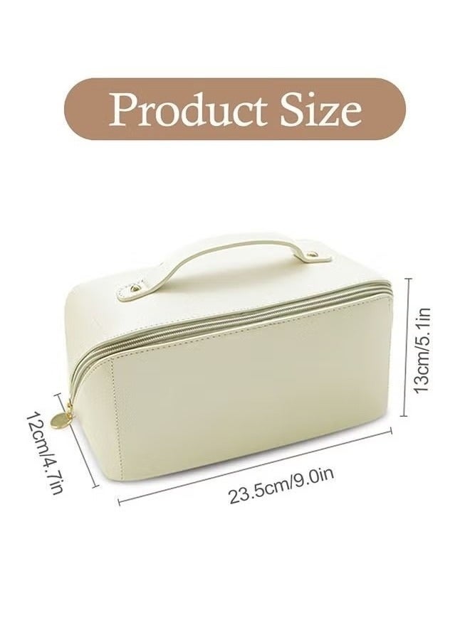 حقيبة مستحضرات تجميل للسفر ذات سعة كبيرة ، حقيبة مكياج تخزين متعددة الوظائف ، حقيبة مكياج جلدية PU ، مع مقبض ومقسم حقائب مستحضرات تجميل للسفر للنساء (أبيض) - Image 2