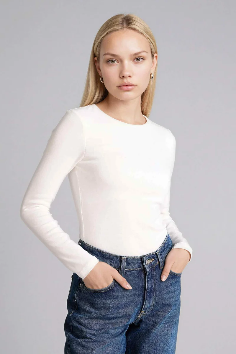 ديفاكتو Slim Fit Crew Neck Basic Modal Long Sleeve T-Shirt