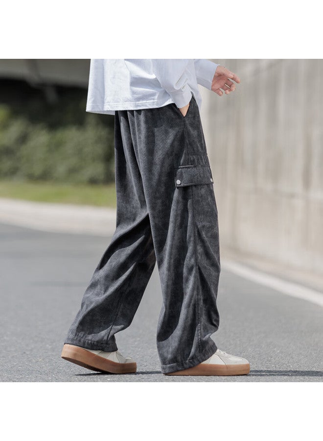 Wassup Sohot Men's Casual Pants Autumn Winter American Vintage Casual Work Pants Wide Leg Straight Long Pants Dark Gray 2XL - Image 2