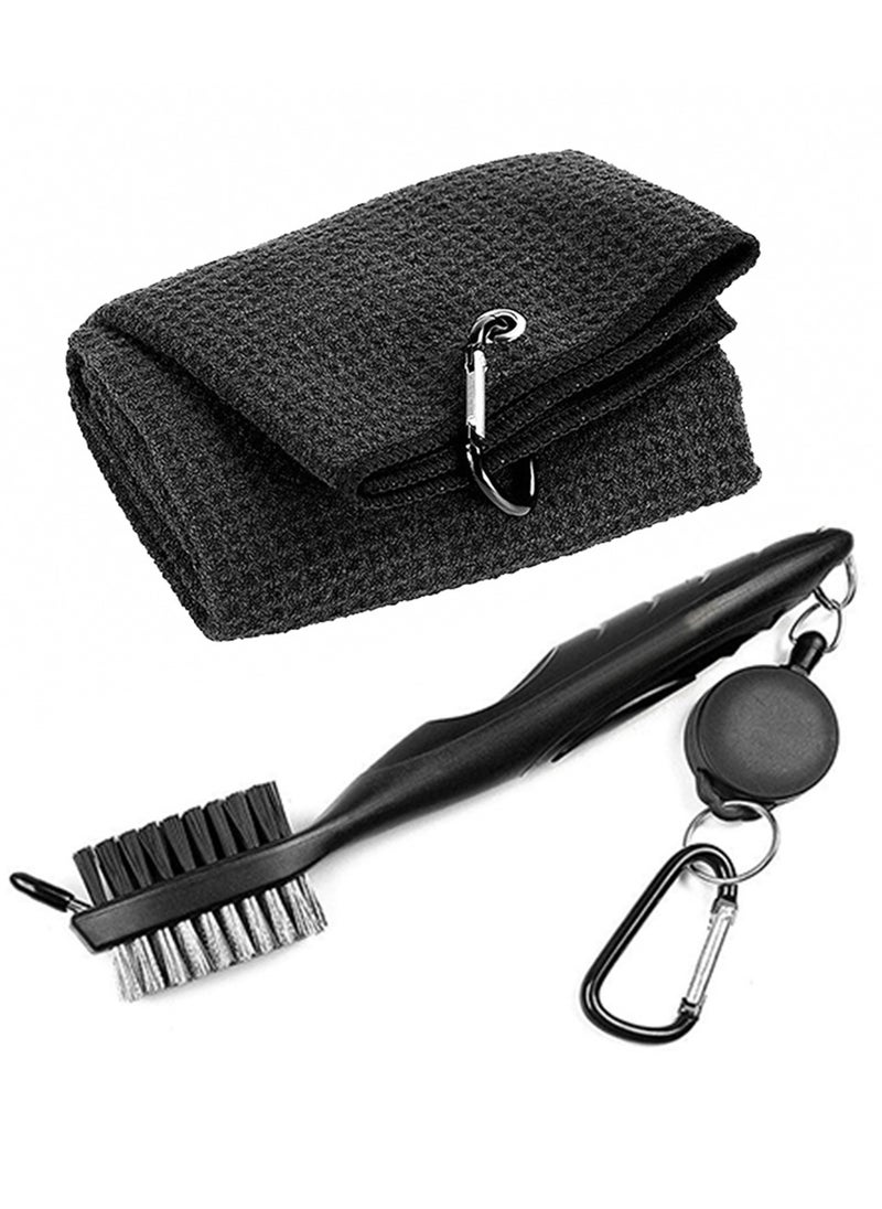 URbazaar Golf Towel and Brush Kit, Golf Towel with Carabiner, Golf Club Brush Groove Cleaner for Golf Accessories Black  - Image 1