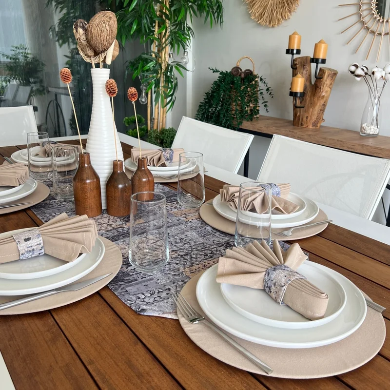 ديسينازمير Desizmir Placemat Motif Pattern Set 6 Tableware, 6 Cloth Napkins, 6 Napkin Rings and Runner Cover Combination 2