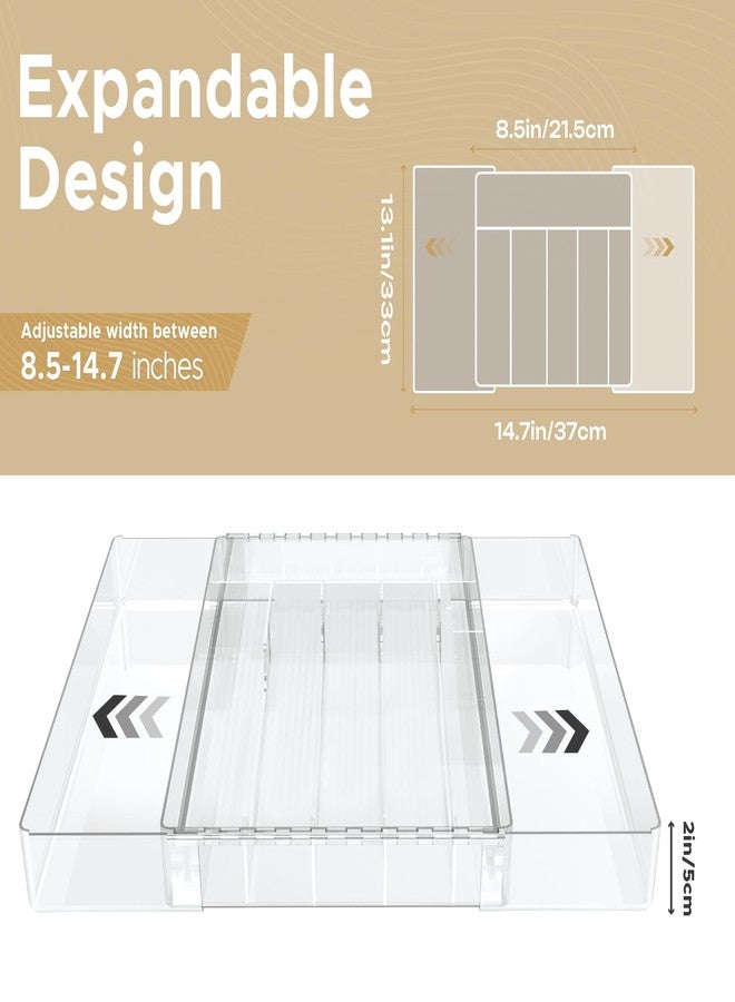 جي واي بي اس منظم أدوات المائدة من JYPS - منظم أدراج مطبخ قابل للتوسيع، منظم أدوات قابل للتعديل وخالٍ من مادة BPA، منظم أدراج لأدوات المائدة للشوك والسكاكين، وسط شفاف - Image 2