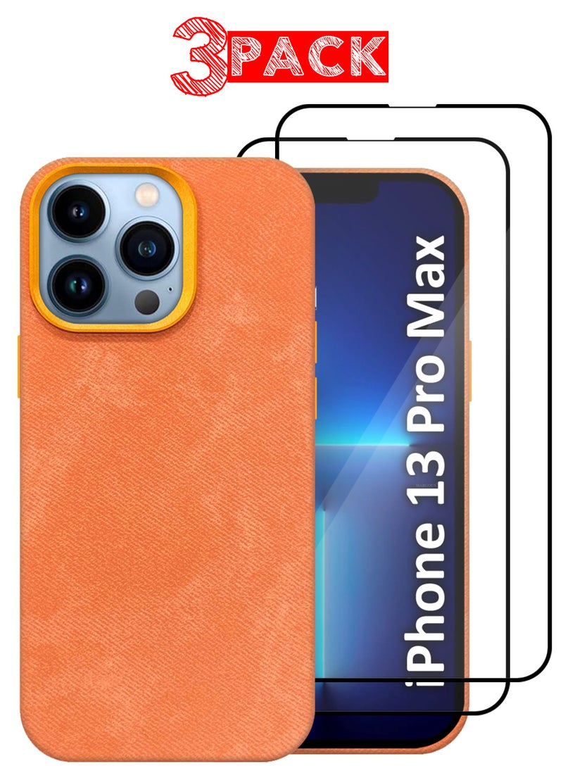 CATANES 3Packs iPhone 13 Pro Max Alcantara Case Cover Premium Quality Luxurious Soft Touch Protection with Metal Camera Frame with Two 3D Screen Protectors - Orange  - Image 1