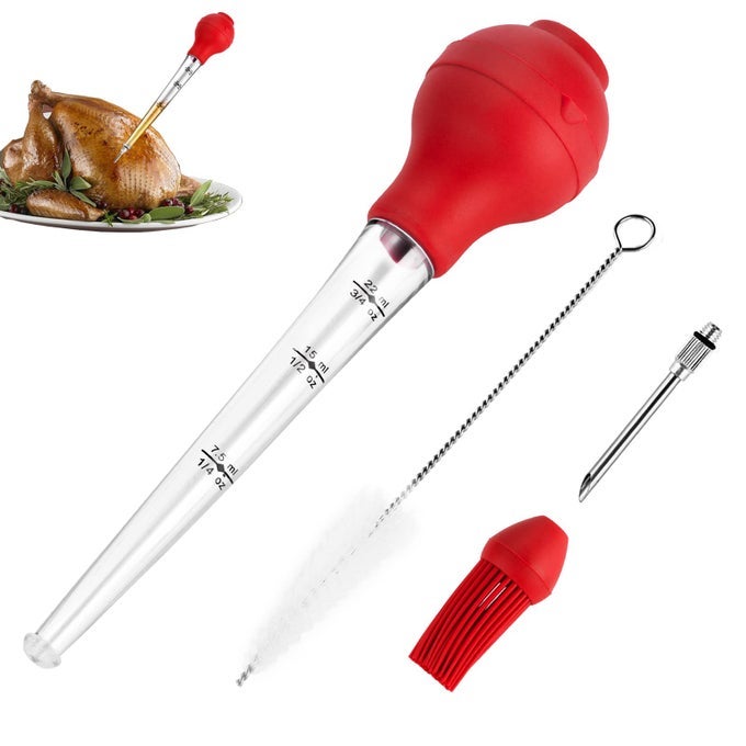 TURKEY BASTER WITH BARBECUE BASTING BRUSH BASTER SYRINGE FOR HOME BAKING AND ROASTER TURKEY INCLUDE DETACHABLE FOOD GRADE SILICONE BULB MEAT INJECTOR NEEDLE AND CLEANING BRUSH
