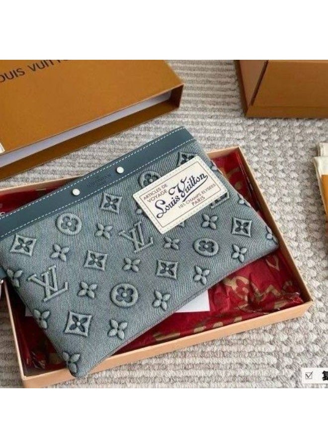 Louis Vuitton Monogram Denim Pouch with Wristlet - 3D Embossed Logo - Blue - Image 3