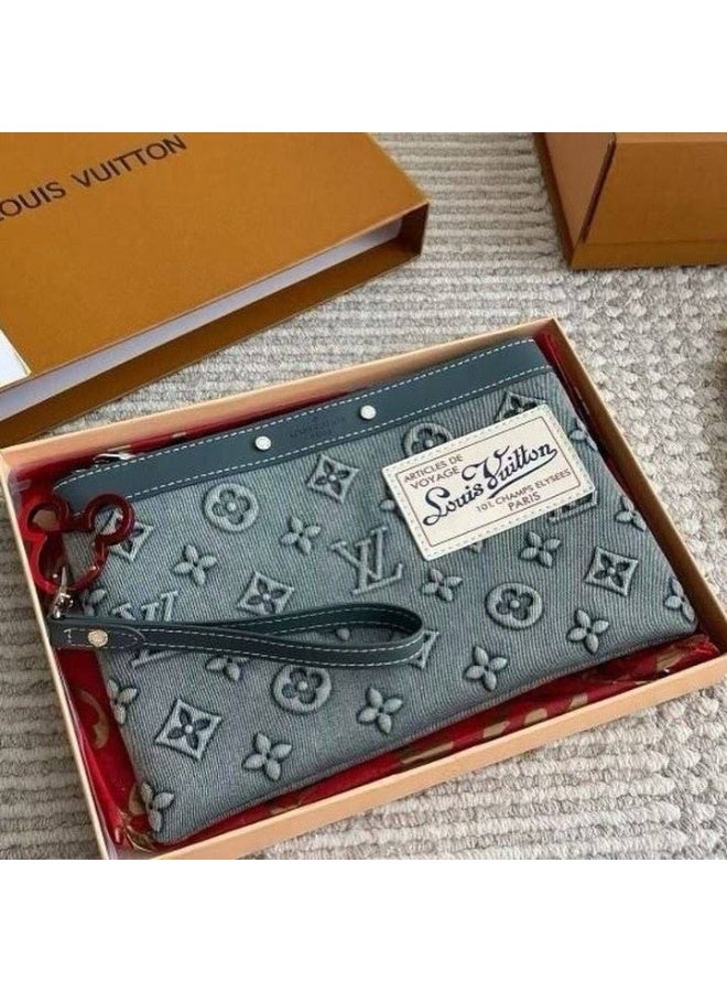 Louis Vuitton Monogram Denim Pouch with Wristlet - 3D Embossed Logo - Blue - Image 2