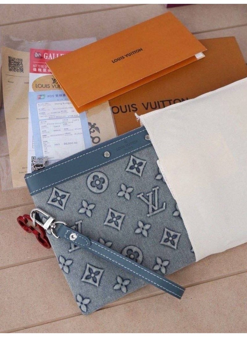 Louis Vuitton Monogram Denim Pouch with Wristlet - 3D Embossed Logo - Blue - Image 5