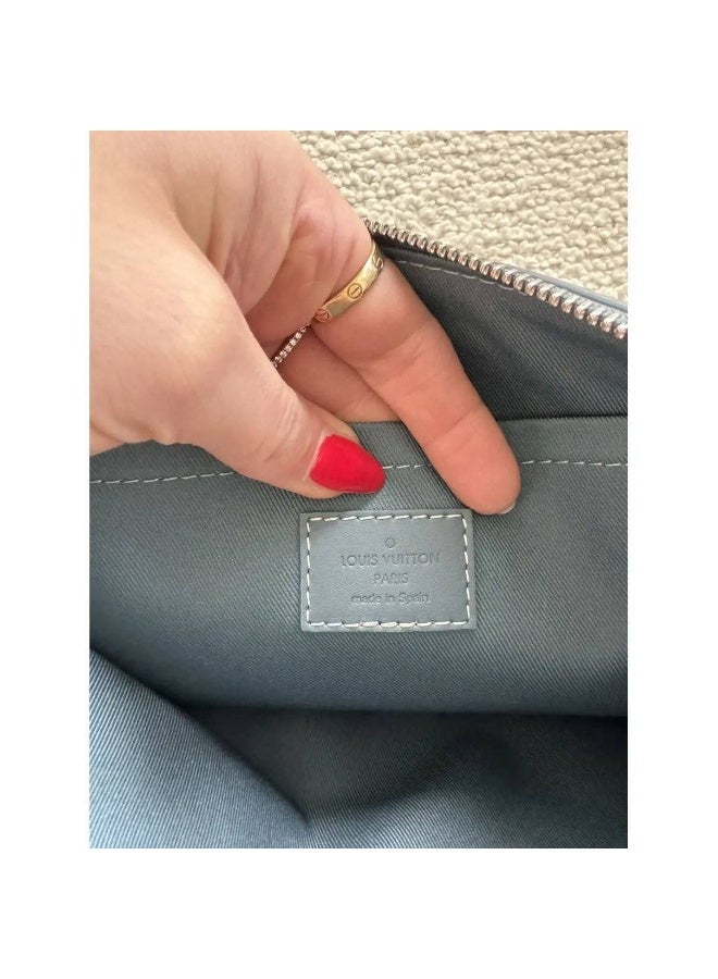 Louis Vuitton Monogram Denim Pouch with Wristlet - 3D Embossed Logo - Blue - Image 4