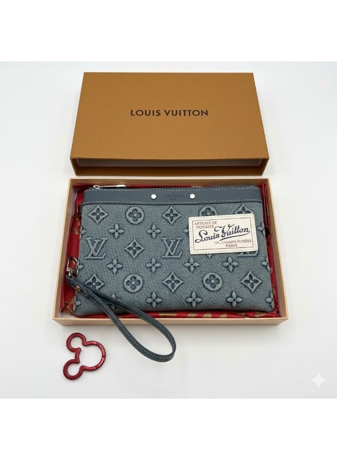 Louis Vuitton Monogram Denim Pouch with Wristlet - 3D Embossed Logo - Blue - Image 1