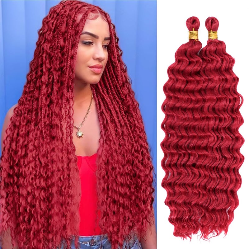 Eerya Long Curly Braiding Hair 18 Inch 2 Packs Red Ocean Wave for Black Women Deep Wave Braiding Hair for Boho Braids (18 inch, Red) - Image 1