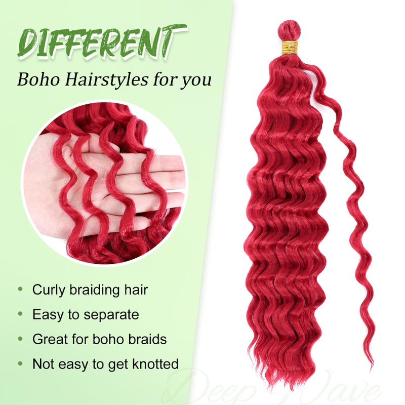 Eerya Long Curly Braiding Hair 18 Inch 2 Packs Red Ocean Wave for Black Women Deep Wave Braiding Hair for Boho Braids (18 inch, Red) - Image 4