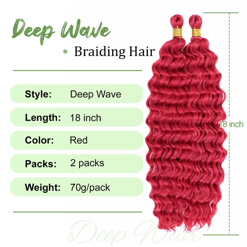 Eerya Long Curly Braiding Hair 18 Inch 2 Packs Red Ocean Wave for Black Women Deep Wave Braiding Hair for Boho Braids (18 inch, Red) - Image 2