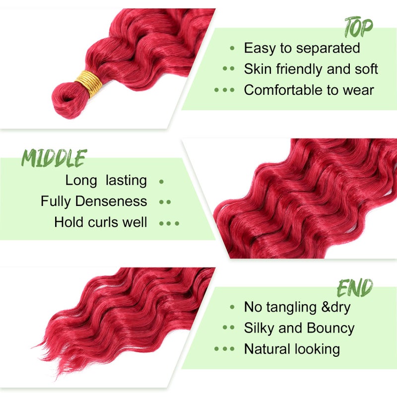 Eerya Long Curly Braiding Hair 18 Inch 2 Packs Red Ocean Wave for Black Women Deep Wave Braiding Hair for Boho Braids (18 inch, Red) - Image 3