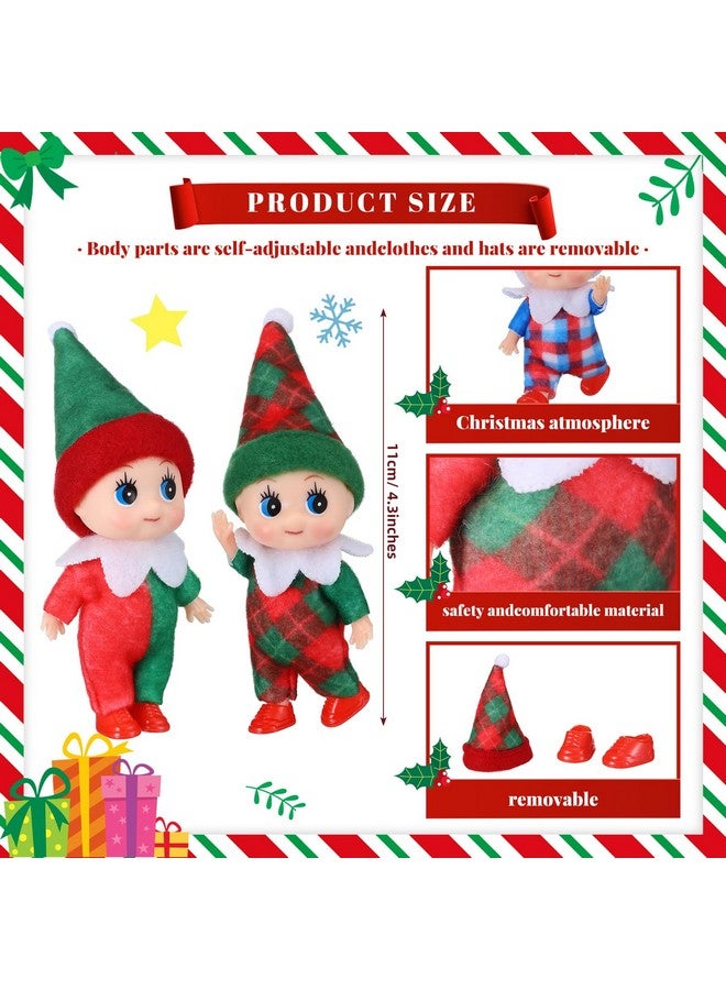Threan 6 Pcs Christmas Elf Doll Mini Elf Twins in Bib Pants and Bodysuit Miniature Plaid Accessories Green and Red Elf Suitable for Xmas New Year Decor Gift - Image 2