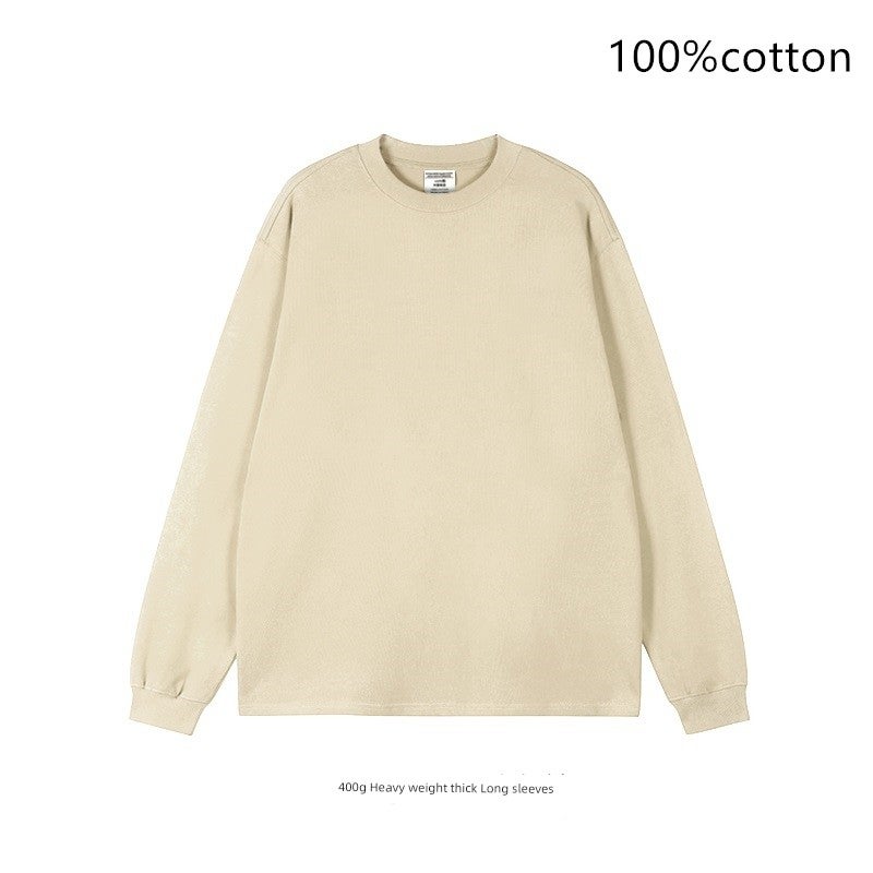 Chocolate brown 300g heavy cotton long-sleeved T-shirt for men's and women's fashion brand spring and autumn American loose solid color loose top - Image 3