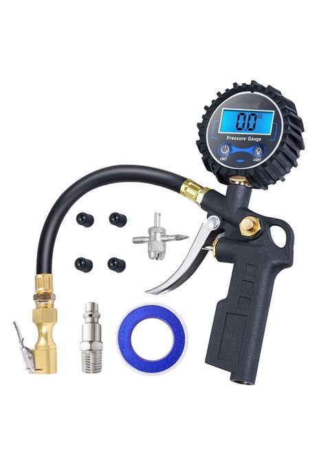 Digital Tire Inflator with Pressure Gauge, 250 PSI Air Chuck and Compressor Accessories Heavy Duty with Rubber Hose and Quick Connect Coupler for 0.1 Display Resolution