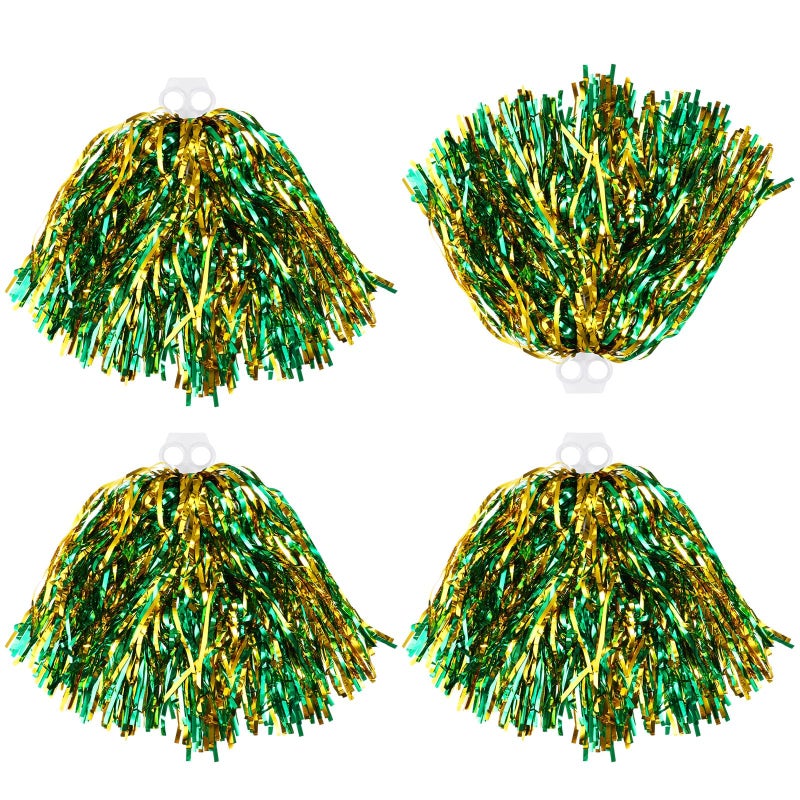 Thenshop 4 Pack Cheerleading Pom Poms Cheerleader Squad Spirited Fun Pompoms Cheer Hand Flowers Metallic Foil Pompoms for Adults Sports Meeting Team Spirit Cheering PartyGreen and Gold - Image 2