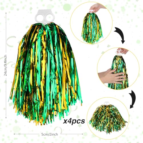 Thenshop 4 Pack Cheerleading Pom Poms Cheerleader Squad Spirited Fun Pompoms Cheer Hand Flowers Metallic Foil Pompoms for Adults Sports Meeting Team Spirit Cheering PartyGreen and Gold - Image 3