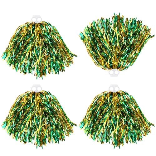Thenshop 4 Pack Cheerleading Pom Poms Cheerleader Squad Spirited Fun Pompoms Cheer Hand Flowers Metallic Foil Pompoms for Adults Sports Meeting Team Spirit Cheering PartyGreen and Gold - Image 1