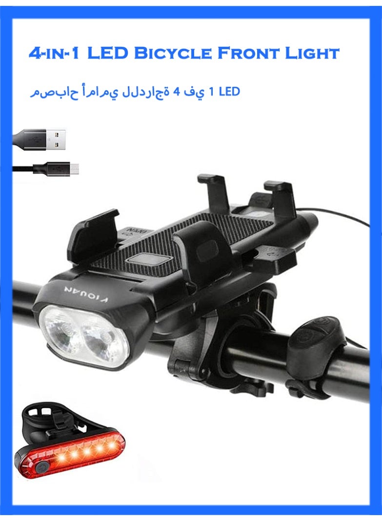 4in1 Led Bike Front Light USB Rechargeable with Horn Trumpet,3 Lighting Modes & 5 Sounds, Bicycle Phone Mount Fits Mountain Bike - Image 1