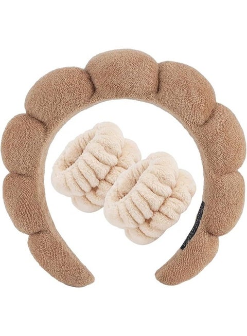 طقم رباط رأس ومعصم من قماش تيري، رباط شعر ناعم ومبطن بتصميم غير قابل للانزلاق لتنظيف الوجه والعناية بالبشرة.