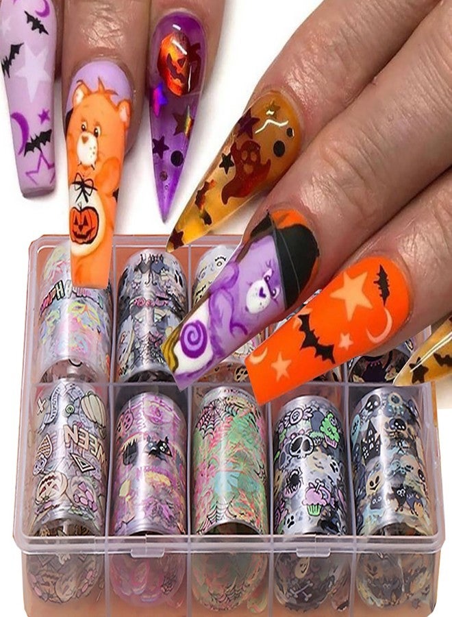 LYLYNB Halloween Nail Foil Transfers Stickers 10 Rolls Cartoon Design Halloween Nail Art Foils Decals Ghost Pumpkin Spider Bat Nail Transfer Foil Cute Nails Supplies Set for Women DIY Manicure Decorations - Image 1