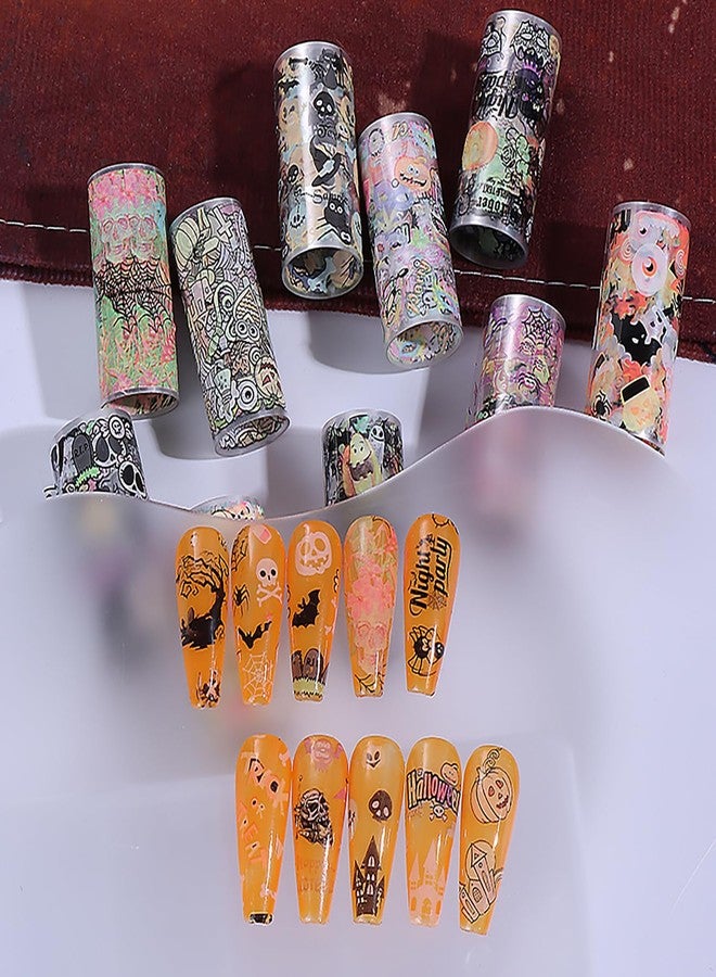 LYLYNB Halloween Nail Foil Transfers Stickers 10 Rolls Cartoon Design Halloween Nail Art Foils Decals Ghost Pumpkin Spider Bat Nail Transfer Foil Cute Nails Supplies Set for Women DIY Manicure Decorations - Image 4