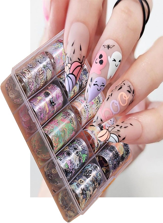 LYLYNB Halloween Nail Foil Transfers Stickers 10 Rolls Cartoon Design Halloween Nail Art Foils Decals Ghost Pumpkin Spider Bat Nail Transfer Foil Cute Nails Supplies Set for Women DIY Manicure Decorations - Image 2
