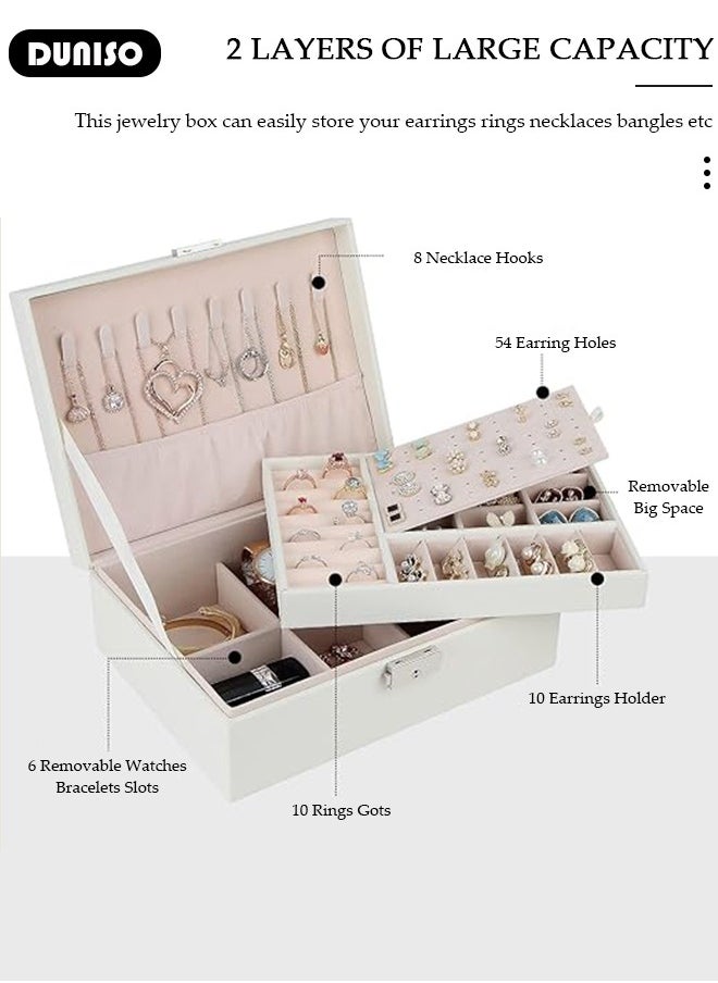 DUNISO Jewelry Box for Women, Large Capacity Double Layer Display Jewellery Organizer with Removable Tray & Partition, PU Leather Jewellery Storage Case, Travel Jewel Holder Cabinet for Earing, Necklace, Bracelet, Rings  - Image 3