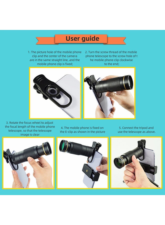 36X Phone Telephoto Lens Kit with Mini Tripod Phone Clip Phone Holder Lens Bag Cleaning Cloth for Hiking Camping Wildlife Observation Moon Sports Game Concert Watching  - Image 3