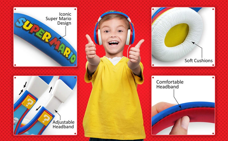 eKids Super Mario Kids Headphones, Adjustable Headband, Stereo Sound, 3.5Mm Jack, Wired Headphones for Kids, Tangle-Free, Volume Control, Childrens Headphones Over Ear for School Home, Travel - Image 2