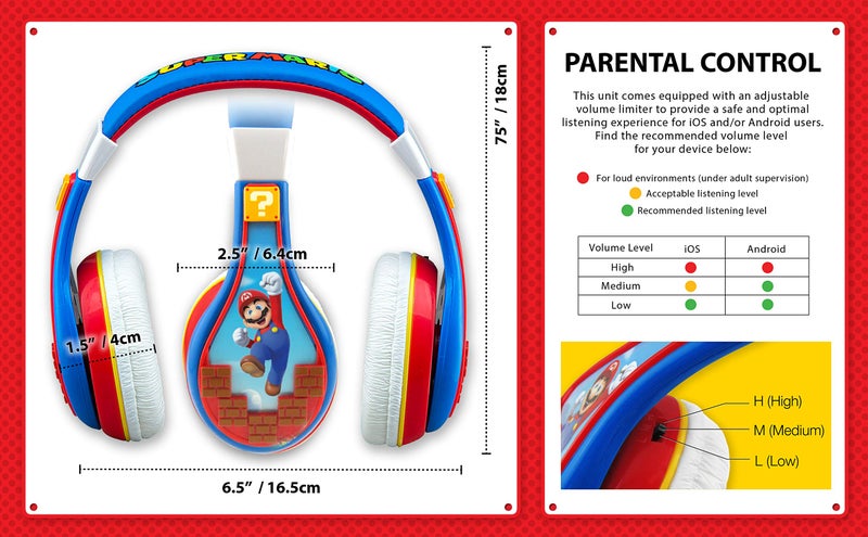 eKids Super Mario Kids Headphones, Adjustable Headband, Stereo Sound, 3.5Mm Jack, Wired Headphones for Kids, Tangle-Free, Volume Control, Childrens Headphones Over Ear for School Home, Travel - Image 4