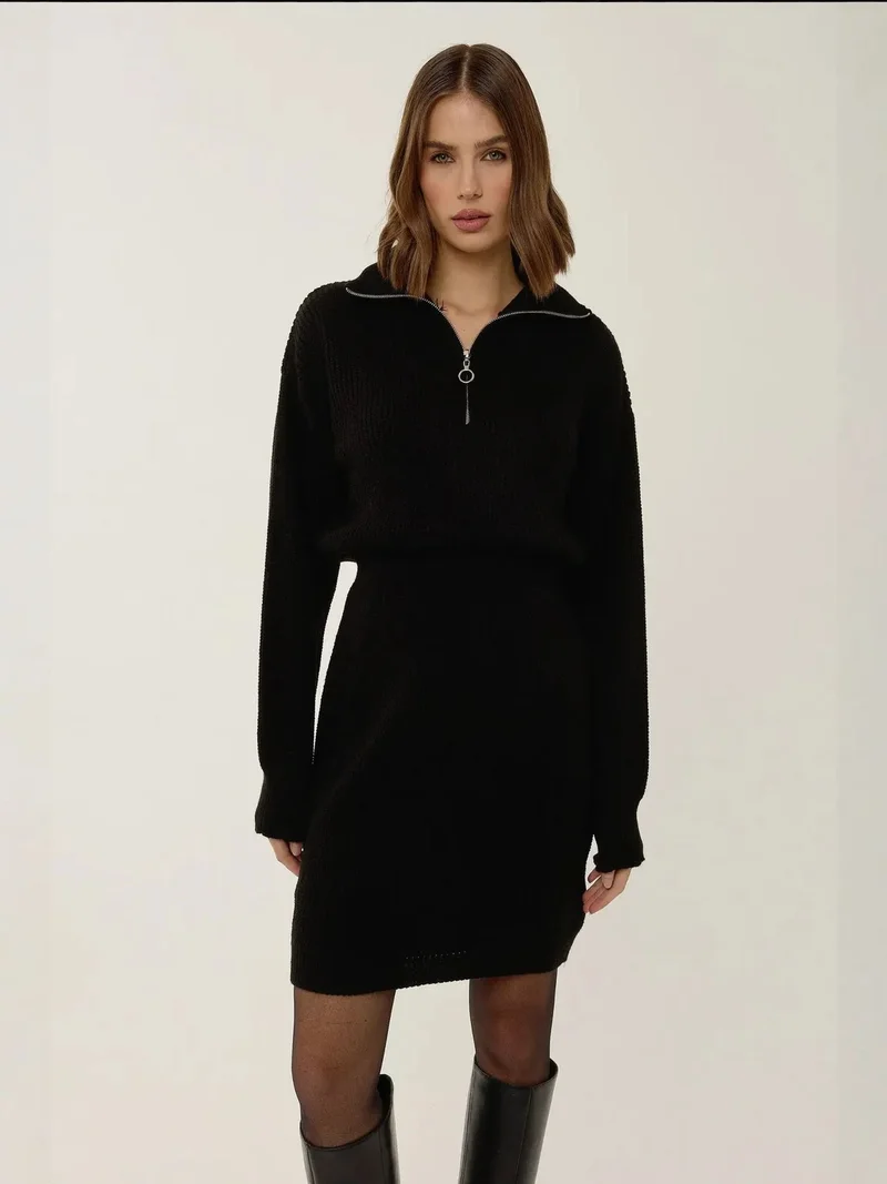 HICCUP Waist Sitting Ribbed Mini Knit Dress with Zipper Collar