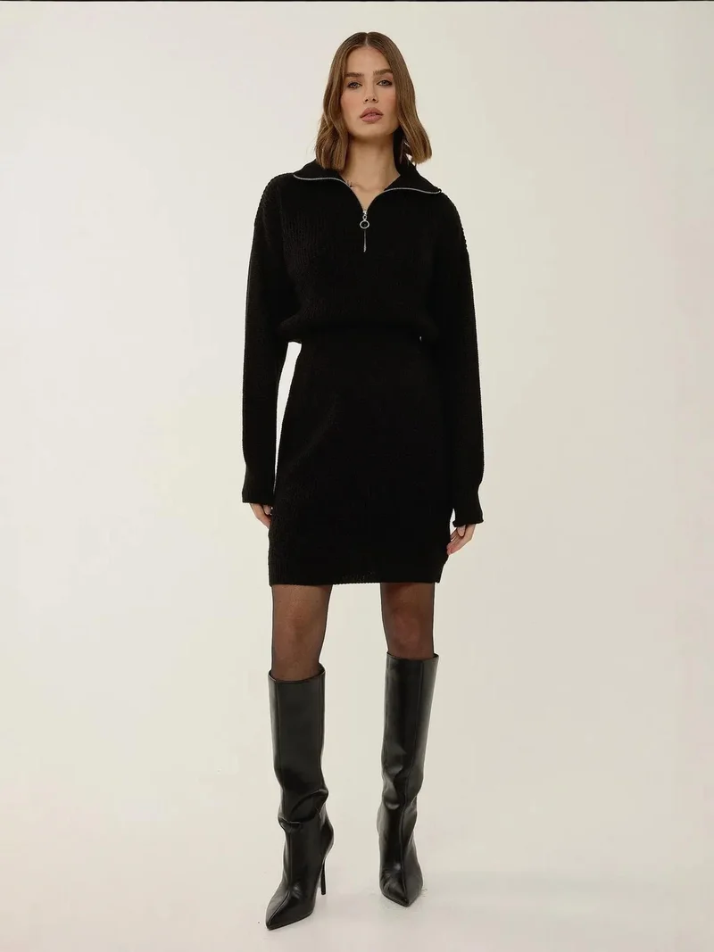 HICCUP Waist Sitting Ribbed Mini Knit Dress with Zipper Collar