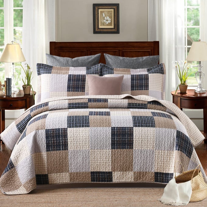 QUILTS SET QUEEN SIZE100 COTTON QUILTPATCHWORK PLAID QUEEN QUILT BEDDING SET BEDSPREADFARMHOUSE RUSTIC LIGHTWEIGHT COMFORTER FOR QUEEN BEDCREAMBROWNBLUEBLACKOFFWHITE BED SPREAD